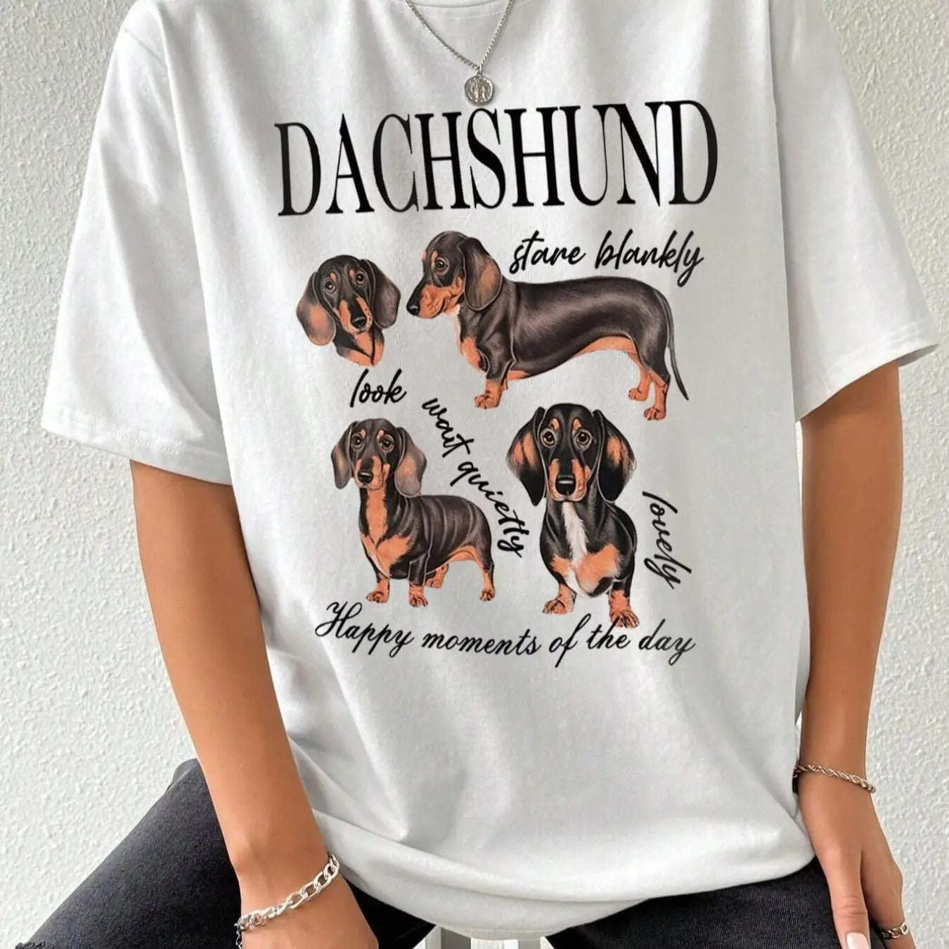 Women's Dachshund & Letter Print Drop Shoulder Tee, Casual Half Sleeve Round Neck T-shirt for Summer, Women's Top for...