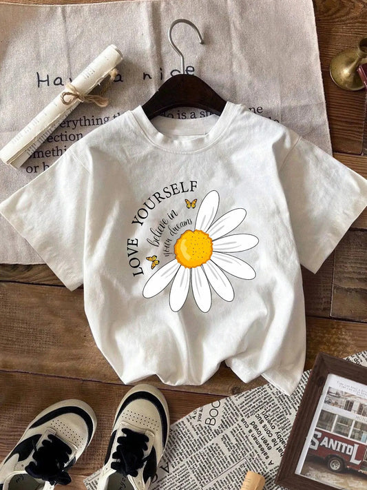 Women's Daisy & Letter Print Round Neck Tee, Fashion Casual Crew Neck T-shirt for Daily Holiday Vacation Outdoor Wear, Women Tops for Spring & Fall