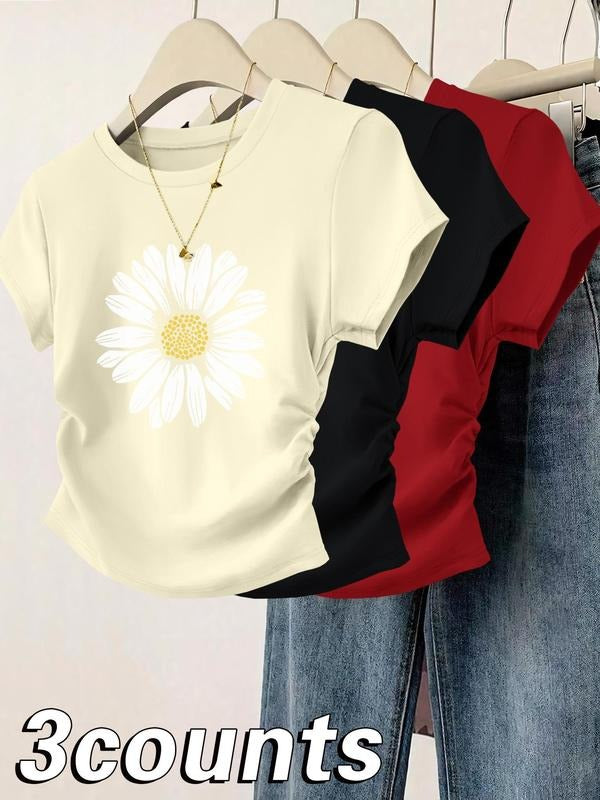 Women's Daisy Print Curved Hem Tee, Casual Short Sleeve T-shirt for Daily Wear, Ladies Clothes for All Seasons, Top...