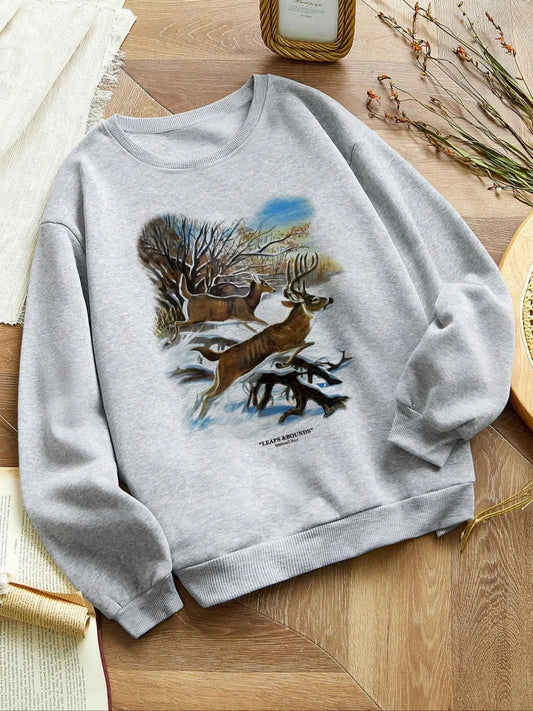 Women's Deer Print Crew Neck Sweatshirt, Casual Long Sleeve Pullover for Daily Wear, Ladies Clothes for All Seasons...