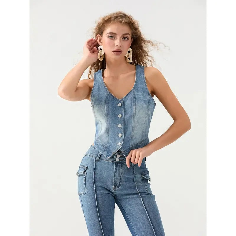 Women's Denim Vest Slim Fit V Neck Sleeveless Button Down Summer Tops for Party Club Lady Womenswear Polyester Solid...