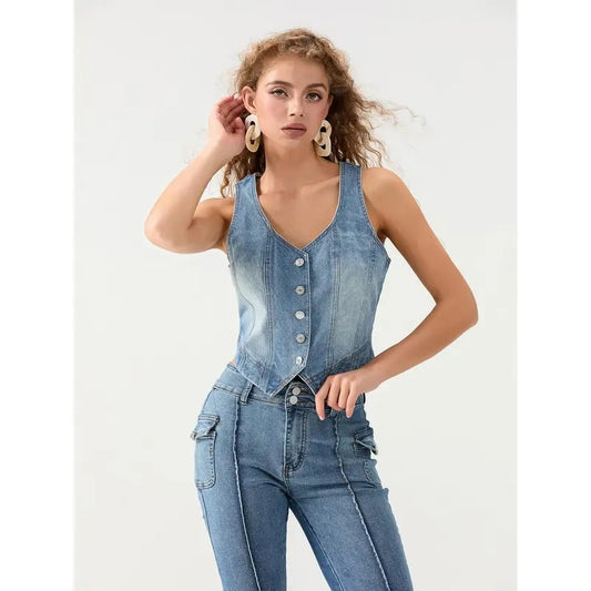 Women's Denim Vest Slim Fit V Neck Sleeveless Button Down Summer Tops for Party Club Lady Womenswear Polyester Solid...