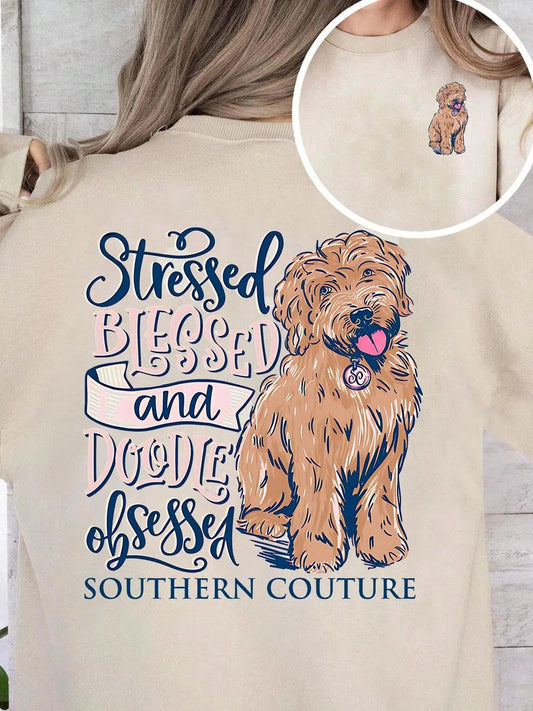 Women's Dog & Letter Print Crew Neck Pullover, Casual Fashion Long Sleeve Sweatshirt for Daily Wear, Ladies Fall & Winter Clothes