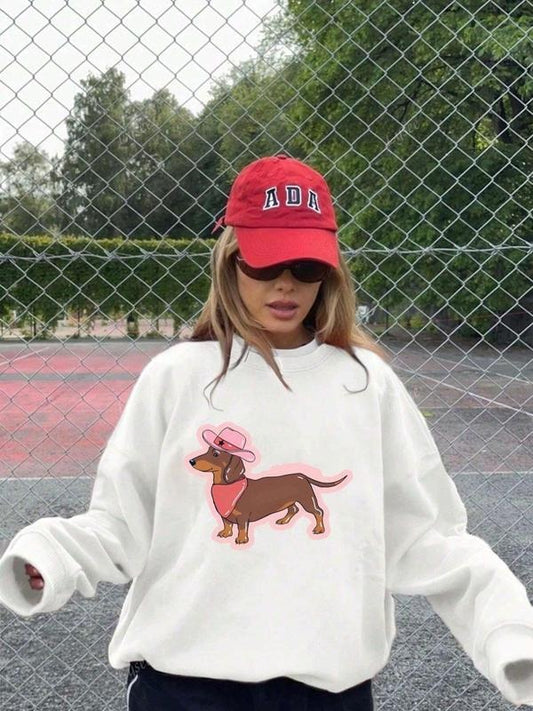 Women's Dog Print Crew Neck Sweatshirt, Casual Long Sleeve Pullover for Daily Wear, Ladies Clothes for All Seasons