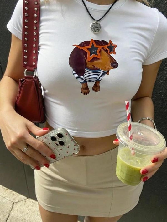 Women's Dog Print Round Neck Crop Tee, Fashion Casual Crew Neck T-shirt for Daily Holiday Vacation Outdoor Wear, Ladies Clothes for Summer