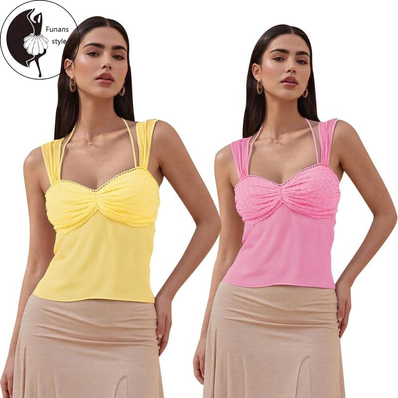 Women's Dots Print Mesh Tops Sleeveless Halter NeckFit Tank Top Tie Back Shirts Hoodie, Sweatshirt | WearSparks.com