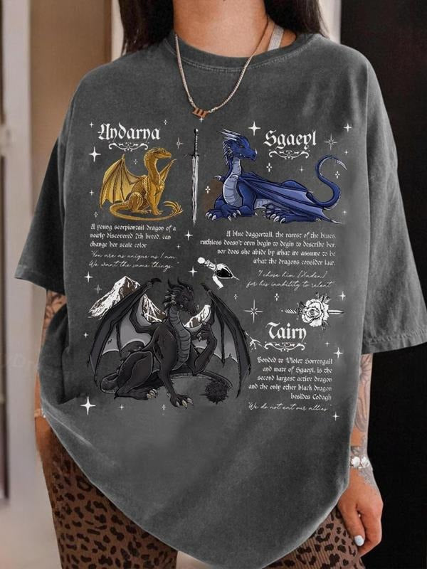 Women's Dragon & Figure Print Round Neck Graphic Tee, Vintage Trendy Casual Figure Graphic Short Sleeve T-shirt for Daily Wear, Ladies Summer Outfit, Top