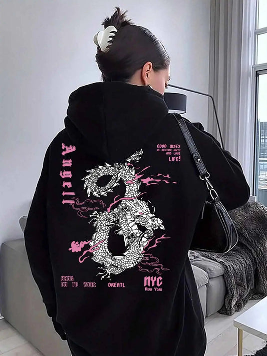 Women's Dragon & Letter Print Drop Shoulder Hoodie, Fashion Casual Drawstring Pocket Hooded Sweatshirt for Daily Holiday Outdoor Wear, Women Clothing for Fall & Winter