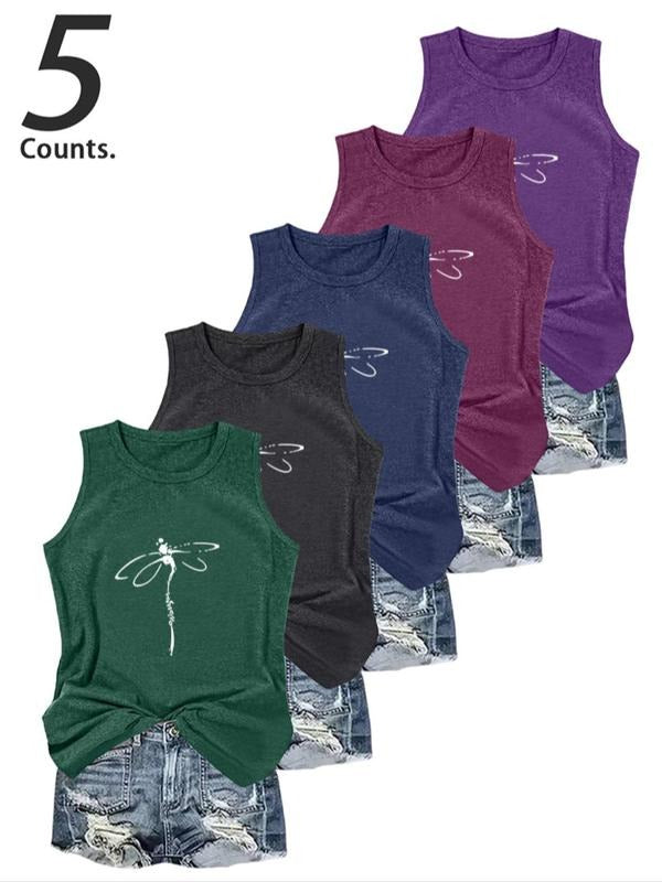 Women's Dragonfly Print Round Neck Tank Top, Casual Sleeveless Crew Neck Top for Daily Wear, Ladies Clothes for All...