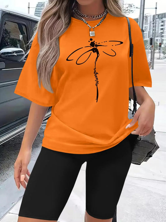 Women's Dragonfly Print Tee & Skinny Shorts Two-piece Set, Casual Fashion   Graphic T-shirt & Shorts for Daily Outdoor...