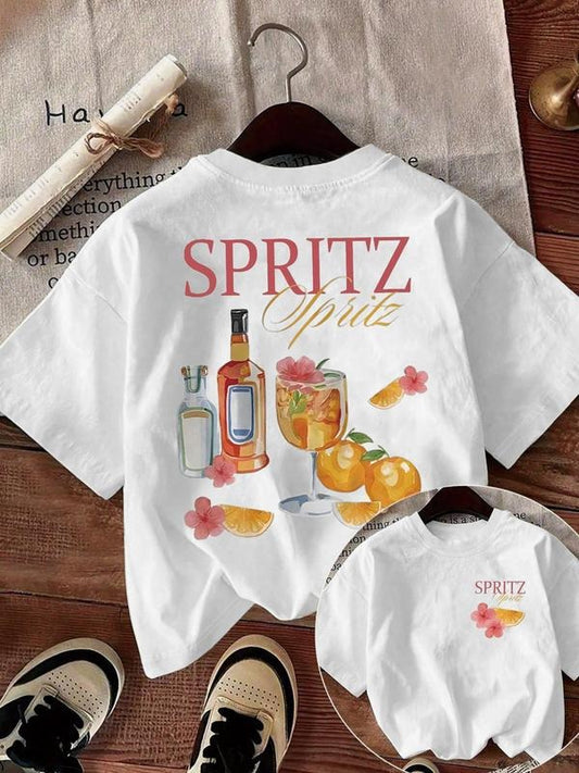Women's Drink Print Round Neck Tee, Casual Short Sleeve Crew Neck T-shirt for Daily Wear, Ladies Clothes for All Seasons