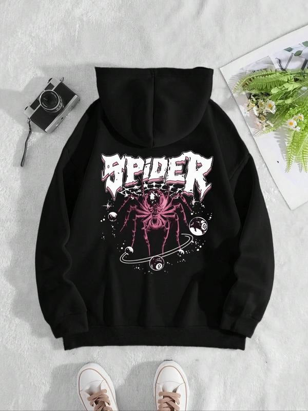 Women's Drop Shoulder Long Sleeve Hoodie, Letter & Spider Print Drawstring Pocket Hooded Sweatshirt, Casual Top for Fall & Winter