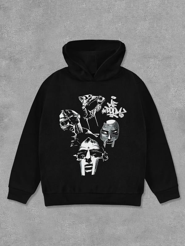 Women's Face Mask Print Hoodie, Fashion Casual Long Sleeve Hooded Sweatshirt for Daily Holiday Outdoor Wear, Women Clothing for Fall & Winter