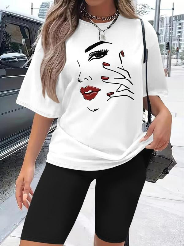 Women's Face Print Tee & Skinny Shorts Two-Piece Set, Casual Fashion Round Neck T-Shirt & Shorts for Daily Outdoor Wear,...