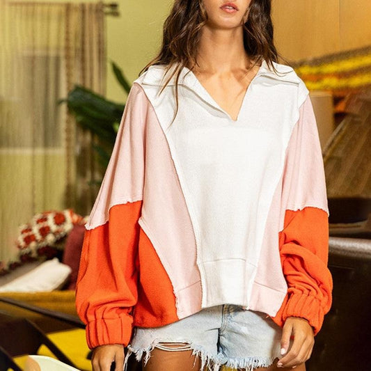 Women's Fall Loose Pullover Contrast Color Long Sleeve Lapel V-Neck Oversized Sweatshirt Womenswear Crew Neck christmas...