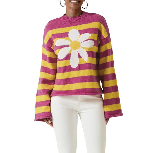Women's Fall Striped Sweater Floral Pattern Drop Shoulder Long Sleeve Round Neck Loose Knitted Tops T-Shirts, Hoodie,...