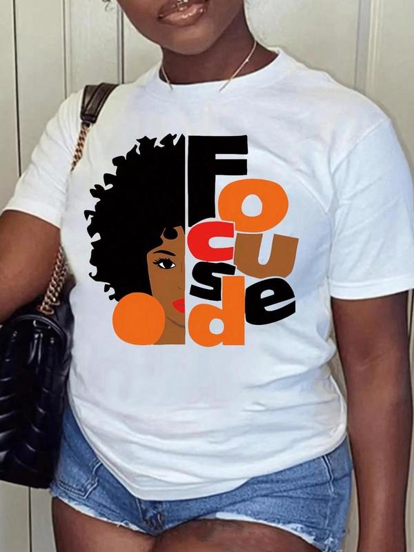 Women's Figure & Letter Print Round Neck Short Sleeve Tee, Fashion Casual Crew Neck T-Shirt for Daily Holiday Vacation Outdoor Wear, Ladies Clothes for All Seasons