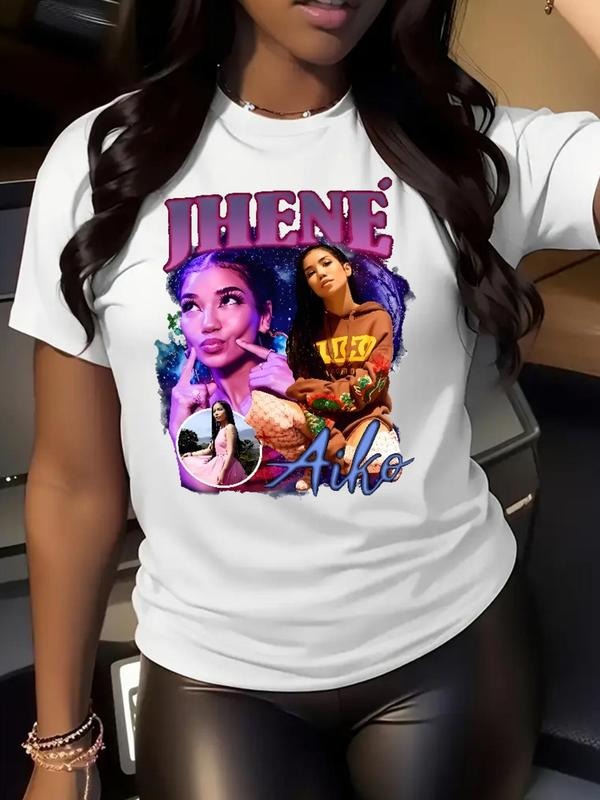 Women's Figure & Letter Print Round Neck Tee, Fashion Casual Crew Neck Short Sleeve T-shirt for Daily Holiday Vacation Outdoor Wear, Ladies Clothes for All Seasons