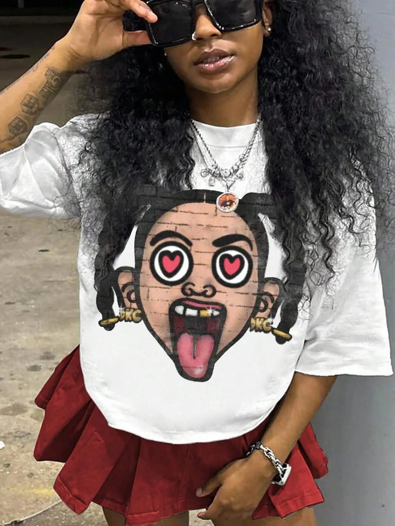 Women's Figure Face Print Drop Shoulder Tee, Fashion Casual Crew Neck T-shirt for Daily Holiday Vacation Outdoor Wear, Ladies Clothes for Summer