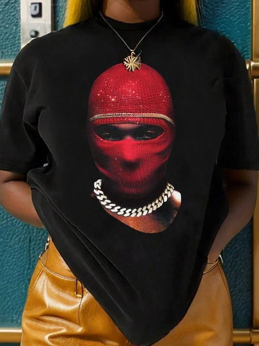 Women's Figure Print Drop Shoulder Tee, Fashion Casual Crew Neck Half Sleeve T-Shirt for Daily Holiday Vacation Outdoor Wear, Ladies Clothes for All Seasons