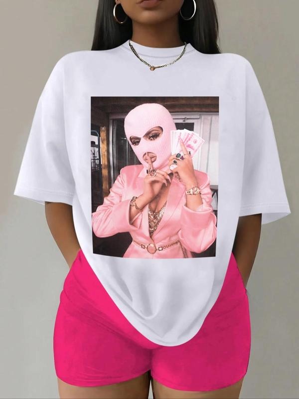 Women's Figure Print Drop Shoulder Tee, Fashion Casual Crew Neck T-Shirt for Daily Holiday Vacation Outdoor Wear, Ladies Clothes for All Seasons