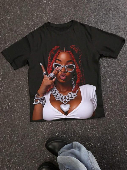 Women's Figure Print Round Neck Tee, Fashion Casual Crew Neck Short Sleeve T-shirt for Daily Holiday Vacation Outdoor Wear, Ladies Clothes for Summer