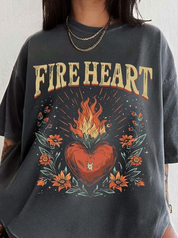 Women's Fire Heart Print Round Neck Graphic Tee, Vintage Trendy Casual Flower & Figure Print Short Sleeve T-shirt for...