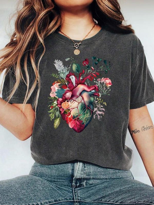 Women's Floral  & Heart Print Round Neck Tee, Fashion Casual Crew Neck T-shirt for Daily Holiday Vacation Outdoor Wear, Ladies Clothes for All Seasons