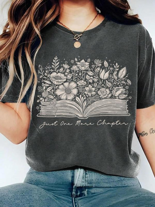 Women's Floral & Book Print Round Neck Tee, Vintage Trendy Casual Graphic Short Sleeve T-shirt for Daily Wear, Ladies...