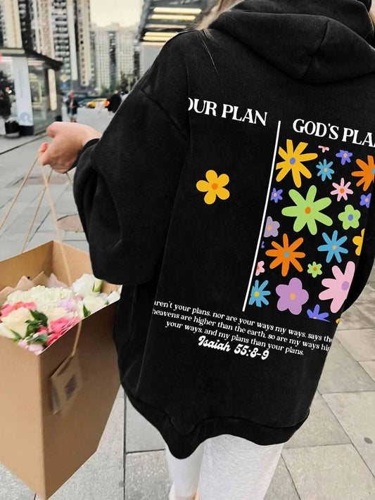 Women's Floral & Letter Print Drop Shoulder Hoodie, Fashion Casual Drawstring Pocket Hooded Sweatshirt for Daily Holiday Outdoor Wear, Ladies Clothes for Fall & Winter