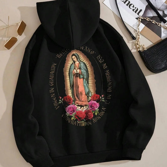 Women's Floral & Letter Print Drop Shoulder Hoodie, Fashion Casual Drawstring Pocket Hooded Sweatshirt for Daily Holiday Outdoor Wear, Women Clothing for Fall & Winter