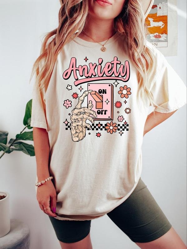 Women's Floral & Letter Print Drop Shoulder Tee, Casual Skeleton Hand Print Half Sleeve Round Neck T-shirt for Summer, Women's Top for Daily Wear