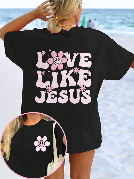 Women's Floral & Letter Print Drop Shoulder Tee, Fashion Casual Crew Neck T-Shirt for Daily Holiday Vacation Outdoor Wear, Ladies Clothes for Summer