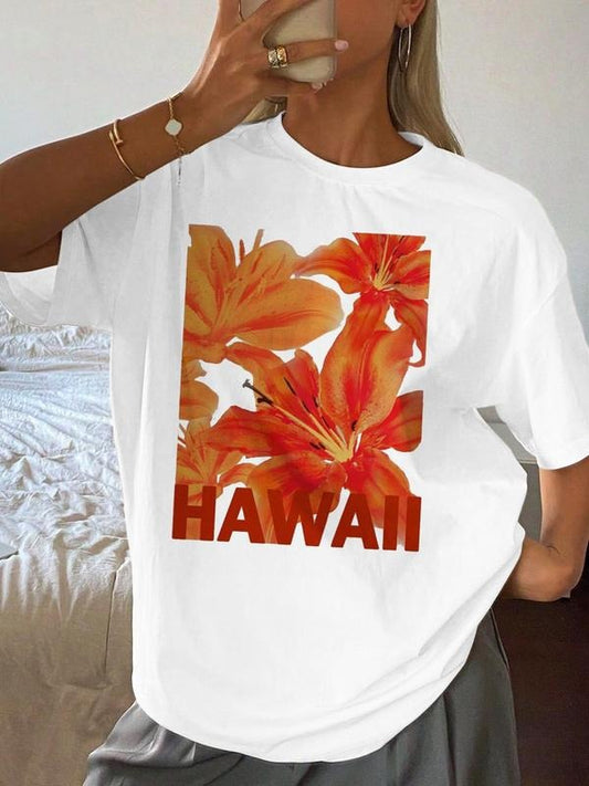 Women's Floral & Letter Print Round Neck Tee, Casual Hawaii Graphic T-shirt for Summer, Women's Top for Daily Wear...