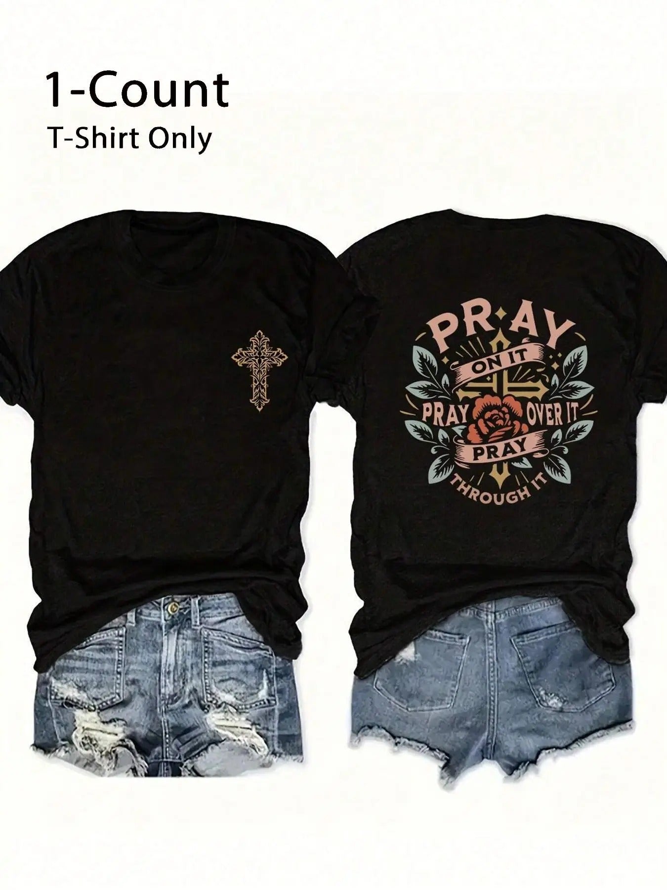 Women's Floral & Letter Print Round Neck Tee, Fashion Casual Crew Neck Short Sleeve T-Shirt for Daily Holiday Vacation Outdoor Wear, Ladies Clothes for All Seasons