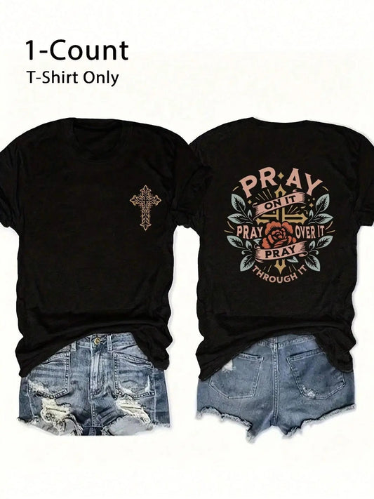 Women's Floral & Letter Print Round Neck Tee, Fashion Casual Crew Neck Short Sleeve T-Shirt for Daily Holiday Vacation Outdoor Wear, Ladies Clothes for All Seasons