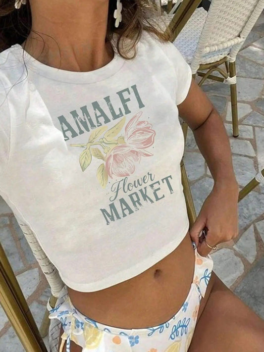 Women's Floral & Letter Print Round Neck Tee, Fashion Casual Crew Neck T-shirt for Daily Holiday Vacation Outdoor Wear, Ladies Clothes for Summer