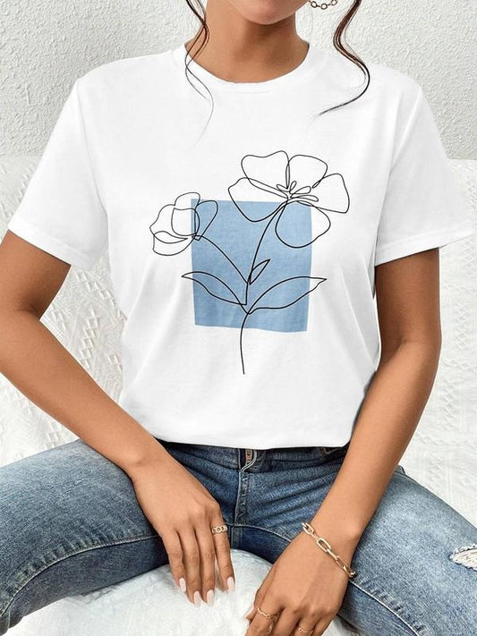 Women's Floral & Square Print Round Neck Tee, Casual Short Sleeve Crew Neck T-Shirt for Summer, Fashion Women's Top for Daily Wear