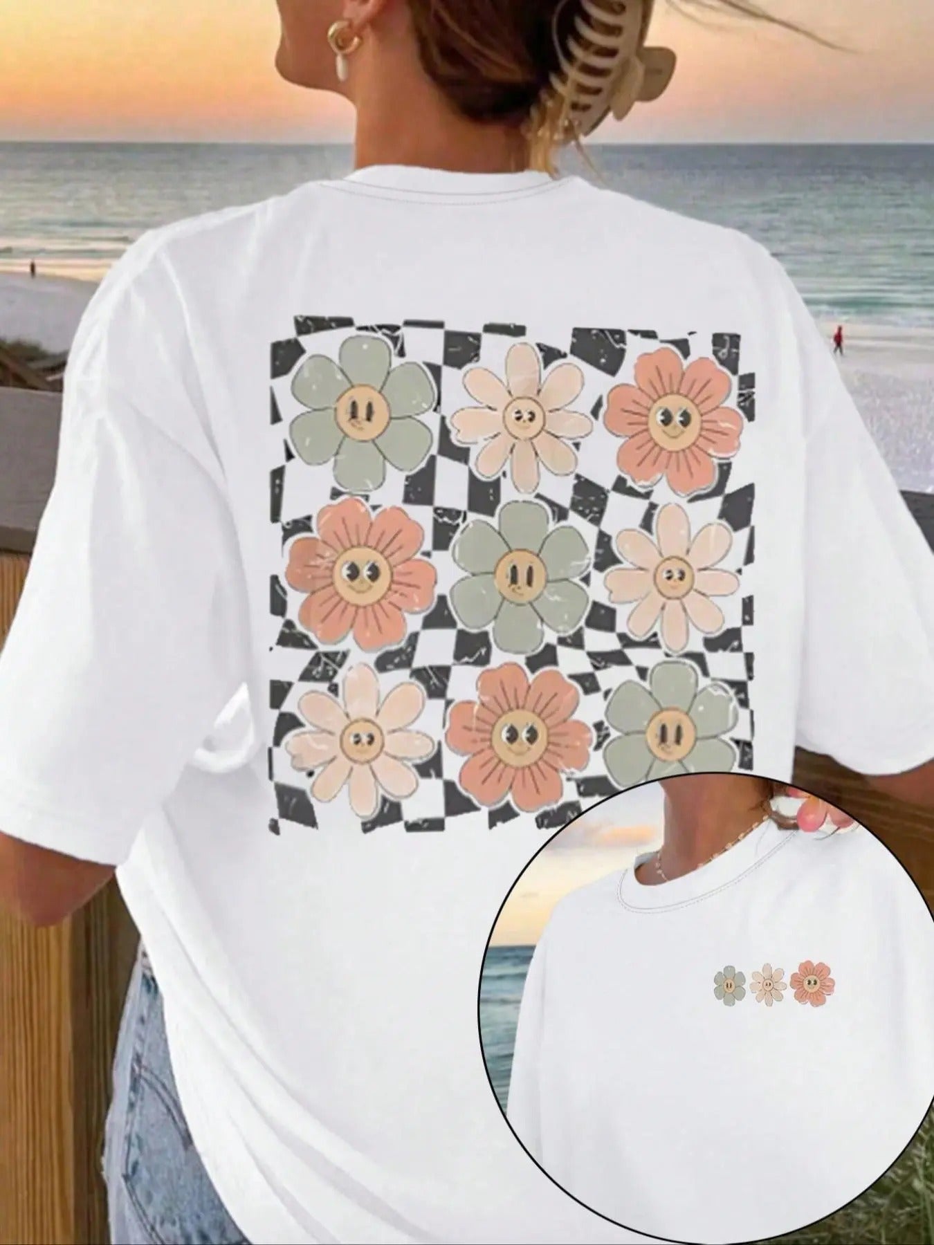Women's Floral Print Drop Shoulder Tee, Casual Short Sleeve Round Neck T-shirt for Summer, Ladies Knit Clothes, Graphic...