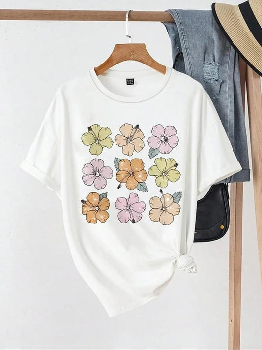 Women's Floral Print Round Neck Graphic Tee, Vintage Trendy Casual Short Sleeve T-shirt For Daily Wear, Ladies All Seasons Outfitstyle{n002}2