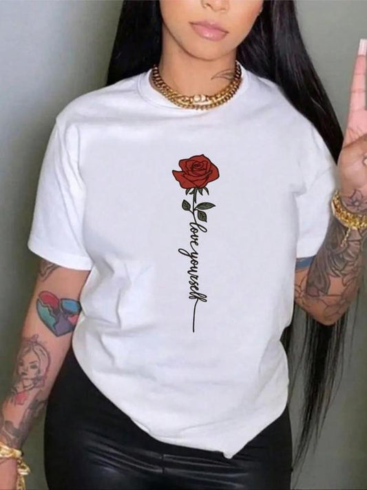 Women's Floral Print Round Neck Graphic Tee, Vintage Trendy Casual Short Sleeve T-shirt For Daily Wear, Ladies Summer...