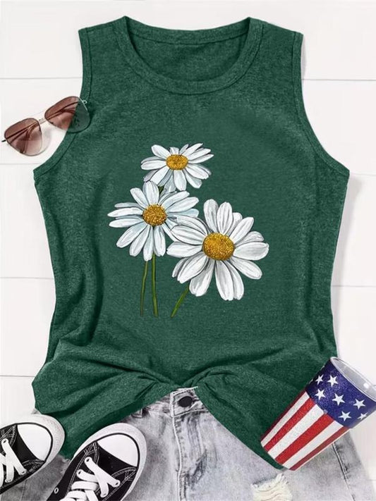 Women's Floral Print Round Neck Tank Top, Cute Casual Sleeveless Top for Daily Holiday Vacation Outdoor, Ladies Clothes for Summer