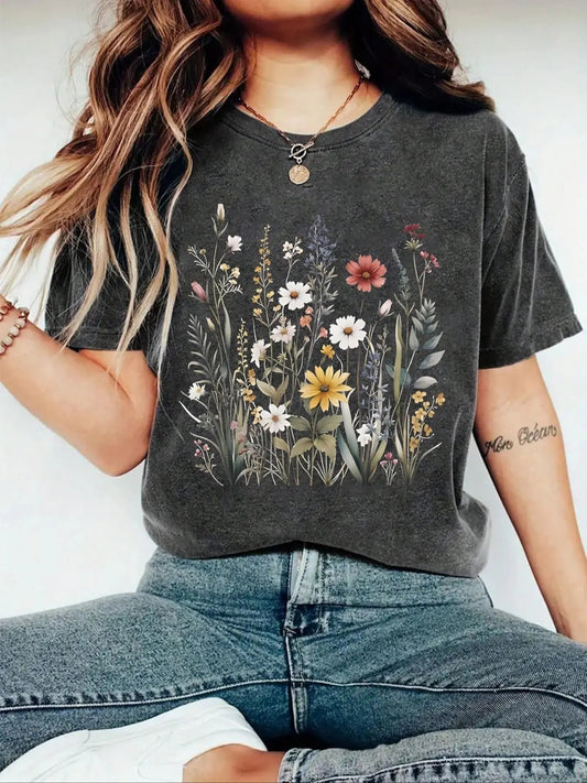 Women's Floral Print Round Neck Tee, Casual Drop Shoulder Short Sleeve T-shirt, Ladies Summer Clothes, Tops for Women,...