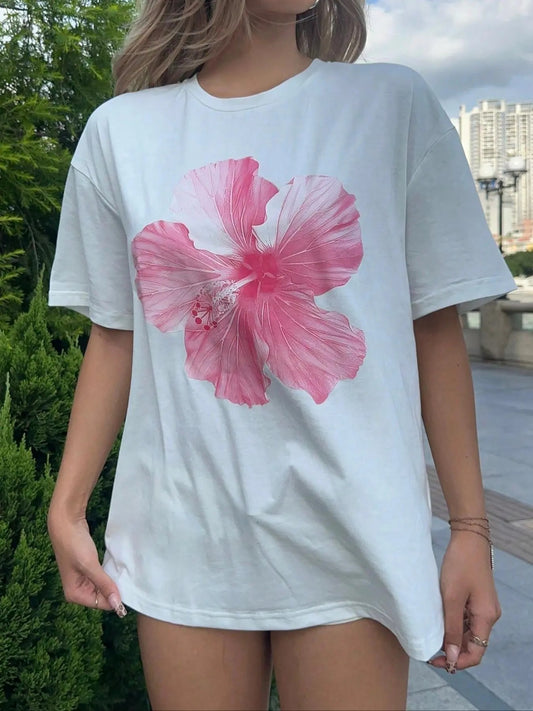Women's Floral Print Round Neck Tee, Fashion Casual Drop Shoulder Short Sleeve T-shirt, Ladies Summer Clothes for Daily...