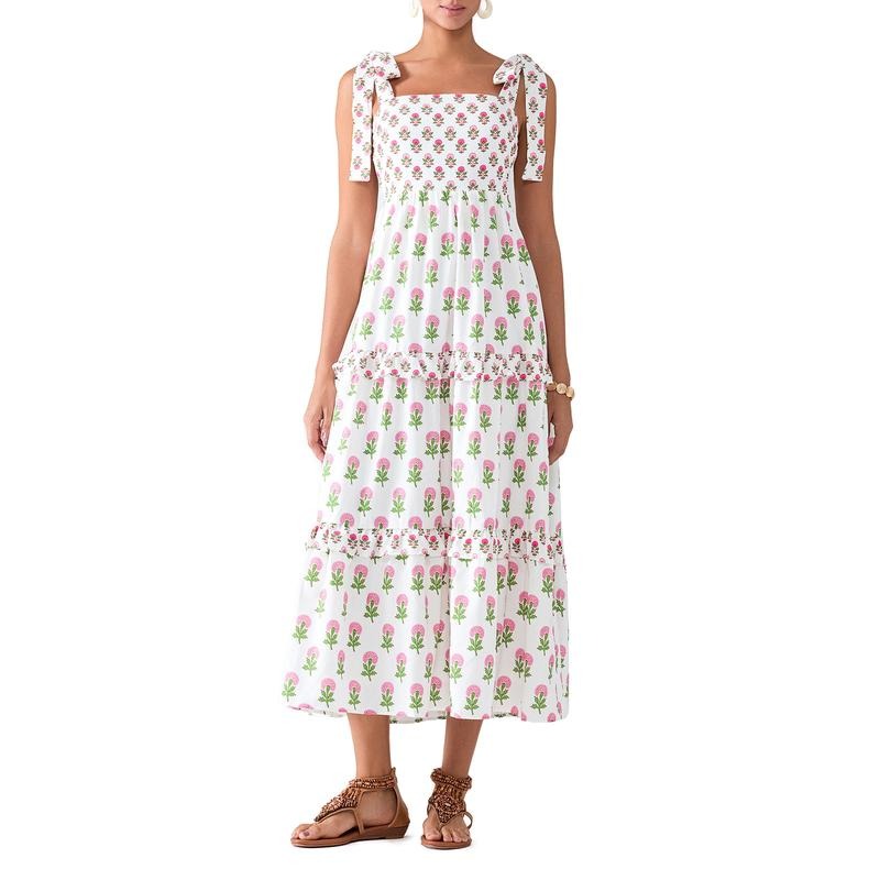 Women's Flower Tie Strap Dress A-Line Square Neck Tiered Ruffled Long Tank Dress for Party Club Casual Lady