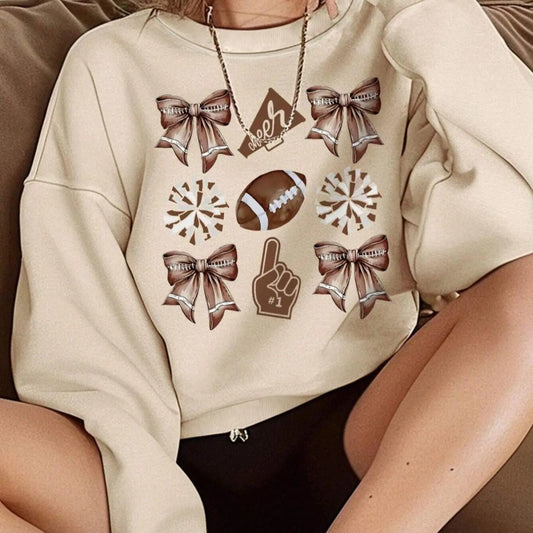 Women's Football & Bow Print Drop Shoulder Thermal Lined Sweatshirt, Casual Long Sleeve Round Neck Pullover for Fall &...