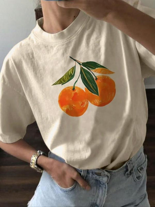 Women's Fruit Print Round Neck Graphic Tee, Casual Vintage Drop Shoulder Short Sleeve T-Shirt for Summer, Ladies Clothes...