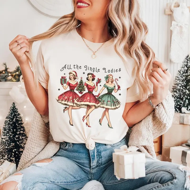 Women's Funny Christmas Tee, Retro Holiday Shirt, All The Jingle Ladies, Xmas Gift for Her, Christmas Party Tee, Festive Holiday Shirts