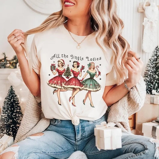 Women's Funny Christmas Tee, Retro Holiday Shirt, All The Jingle Ladies, Xmas Gift for Her, Christmas Party Tee, Festive Holiday Shirts