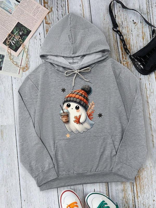 Women's Ghost & Pumpkin Print Drop Shoulder Hoodie, Fashion Casual Drawstring Pocket Hooded Sweatshirt for Daily Holiday Outdoor Wear, Women Clothing for Fall & Winter